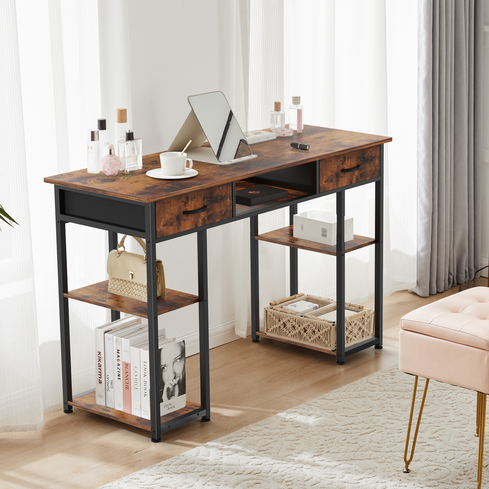 Computer Desk Home Office Table with PC Stand, Fabric Drawers Headphone Hook