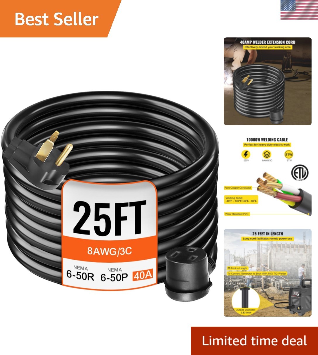 Heavy Duty 8AWG Welding Extension Cord, 25ft, Safe for Indoor and Outdoor Use