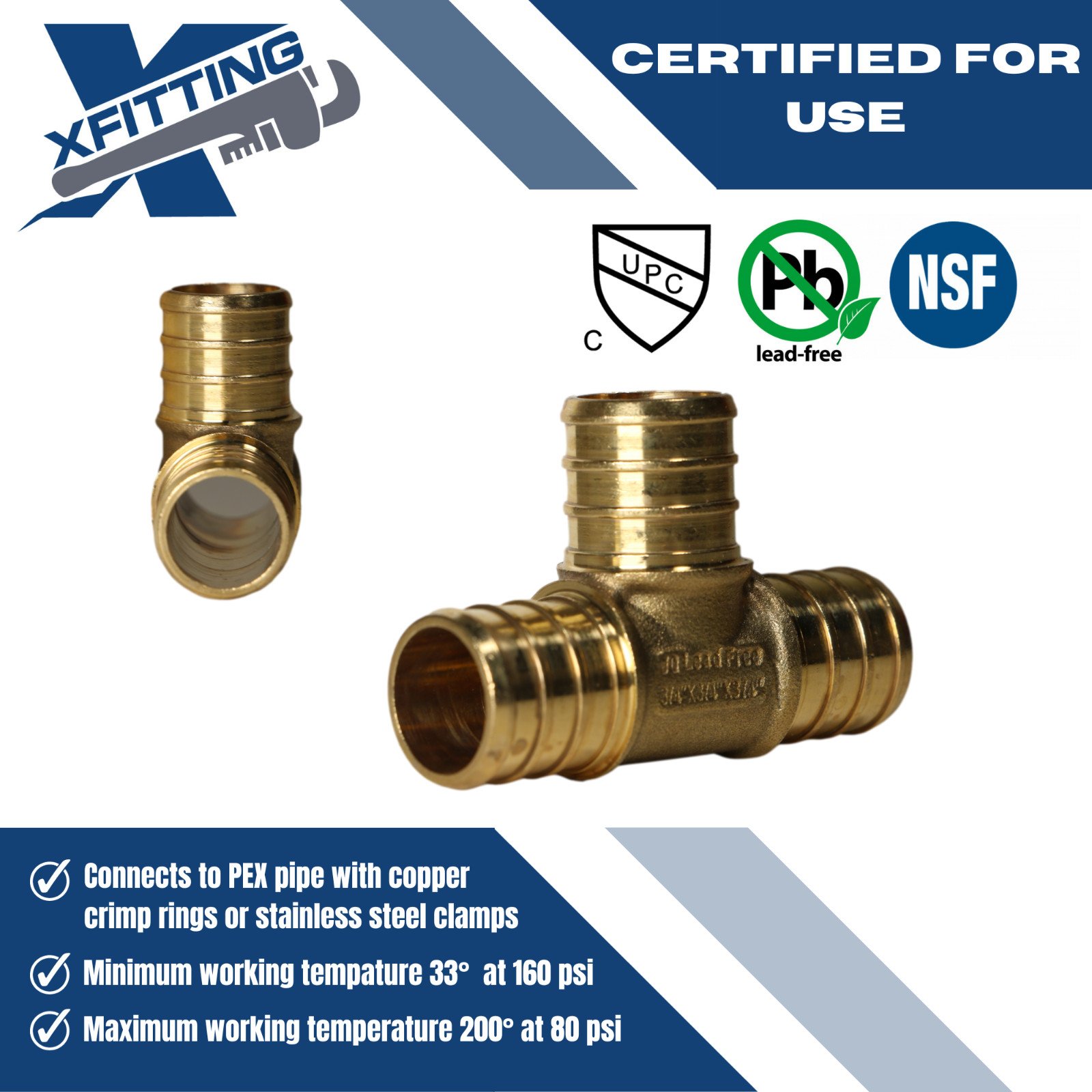 5 Pcs. 3/4″ x 3/4″ x 3/4″ Pex Tee, 3/4 Inch Pex Tee, Lead Free Brass 23-2-3=5