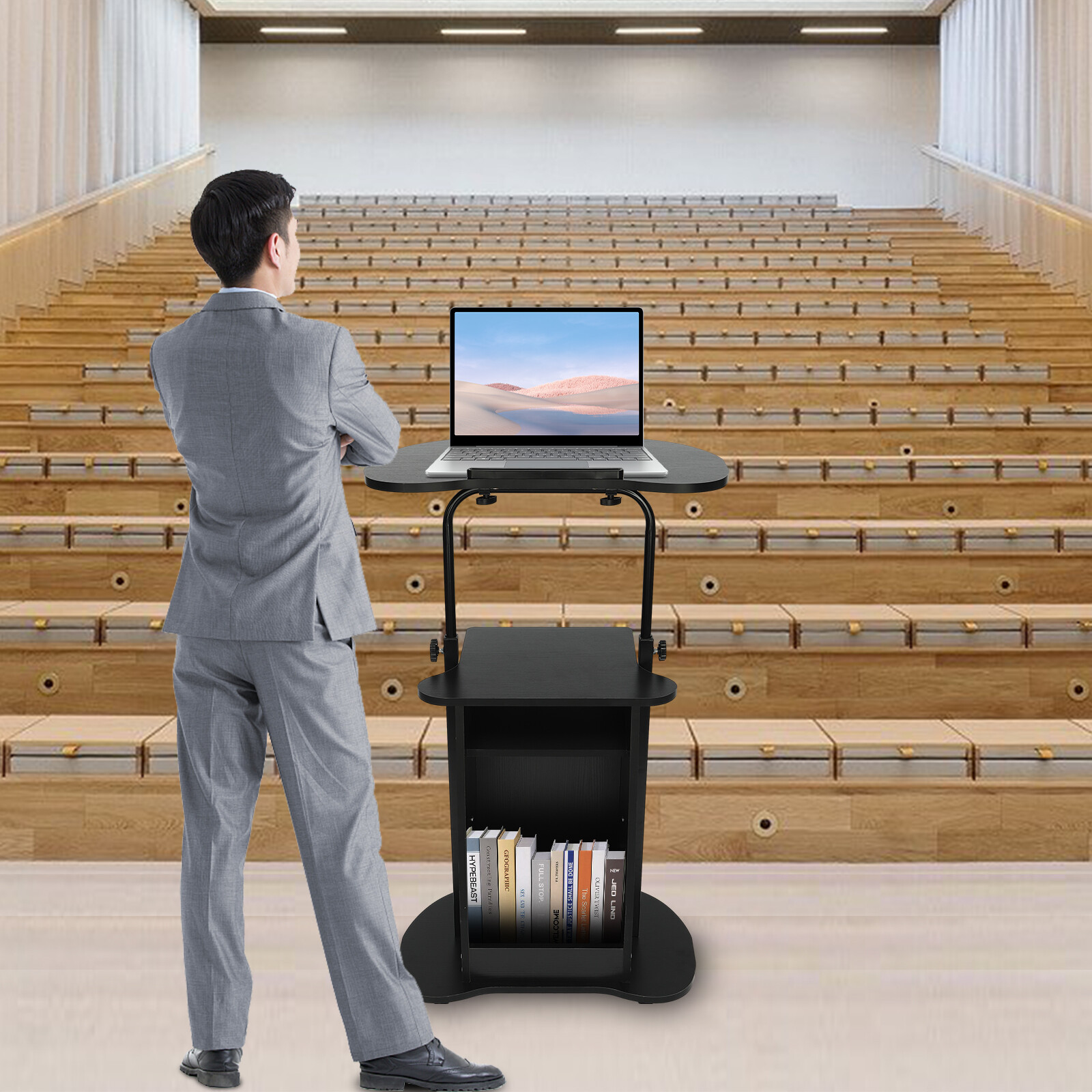 Black Sit-to-Stand Rolling Adjustable Storage Medical Laptop Computer Cart Desk