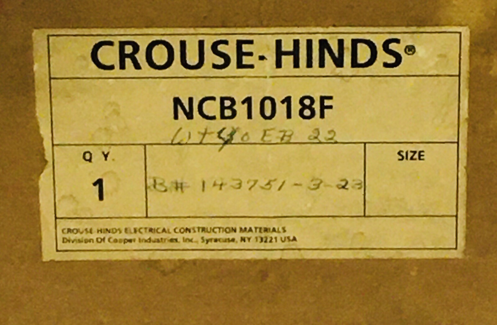 CROUSE HINDS NCB1018F-WT40EB22 40 AMP NCB SERIES CIRCUIT BREAKER ENCLOSURE !NEW!