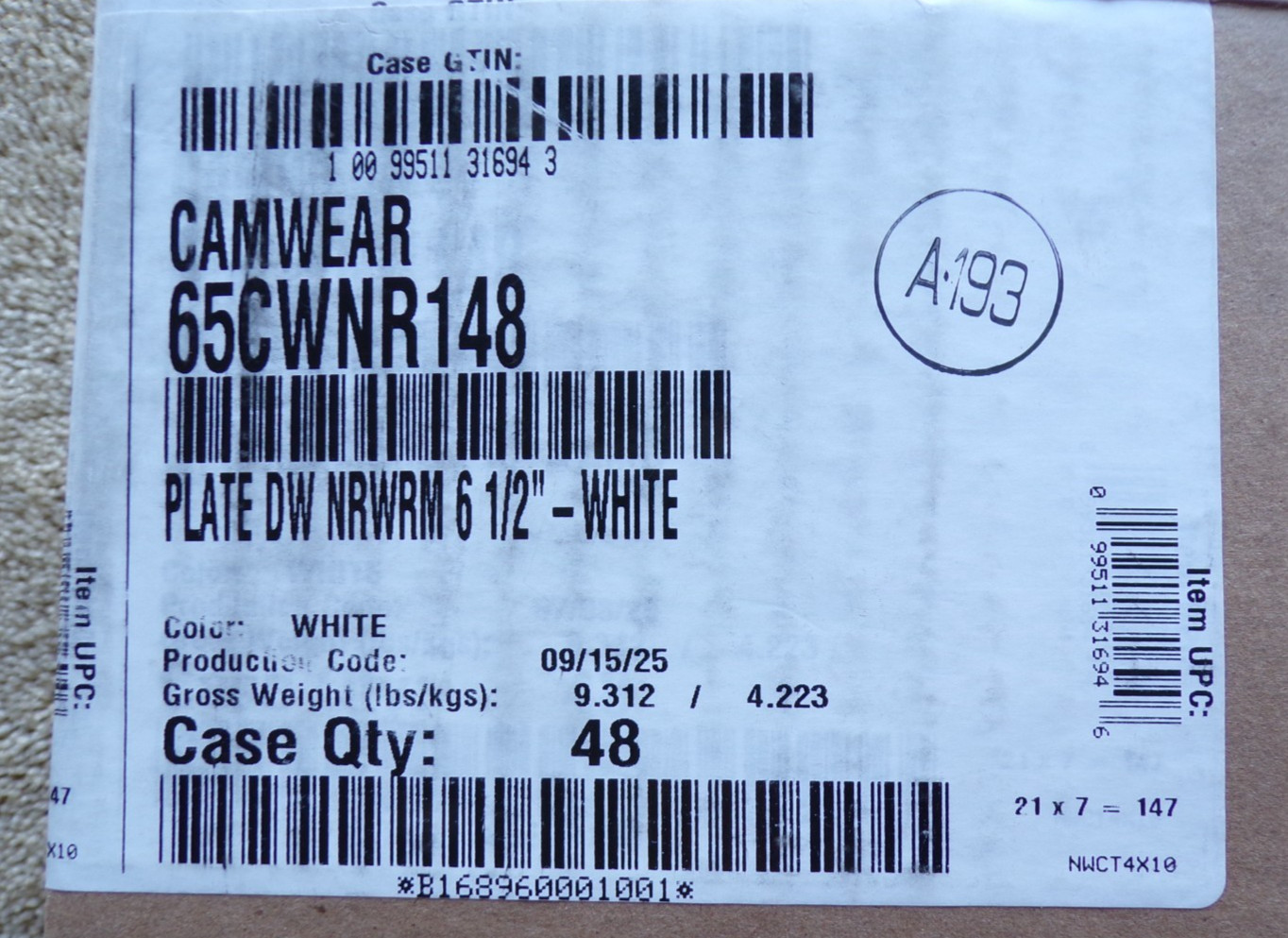 Cambro 65CWNR148 6-1/2 in Camwear® White Narrow Rim Plate @hS