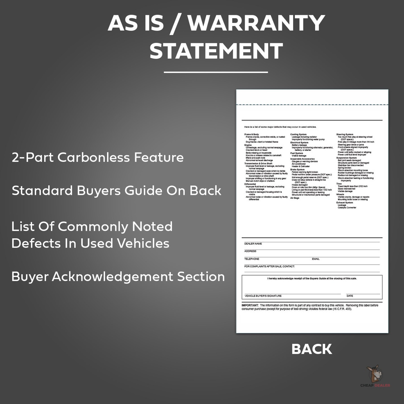 2-Part Buyers Guide Form – Adhesive Tape – English – As Is – Warranty (100 pack)