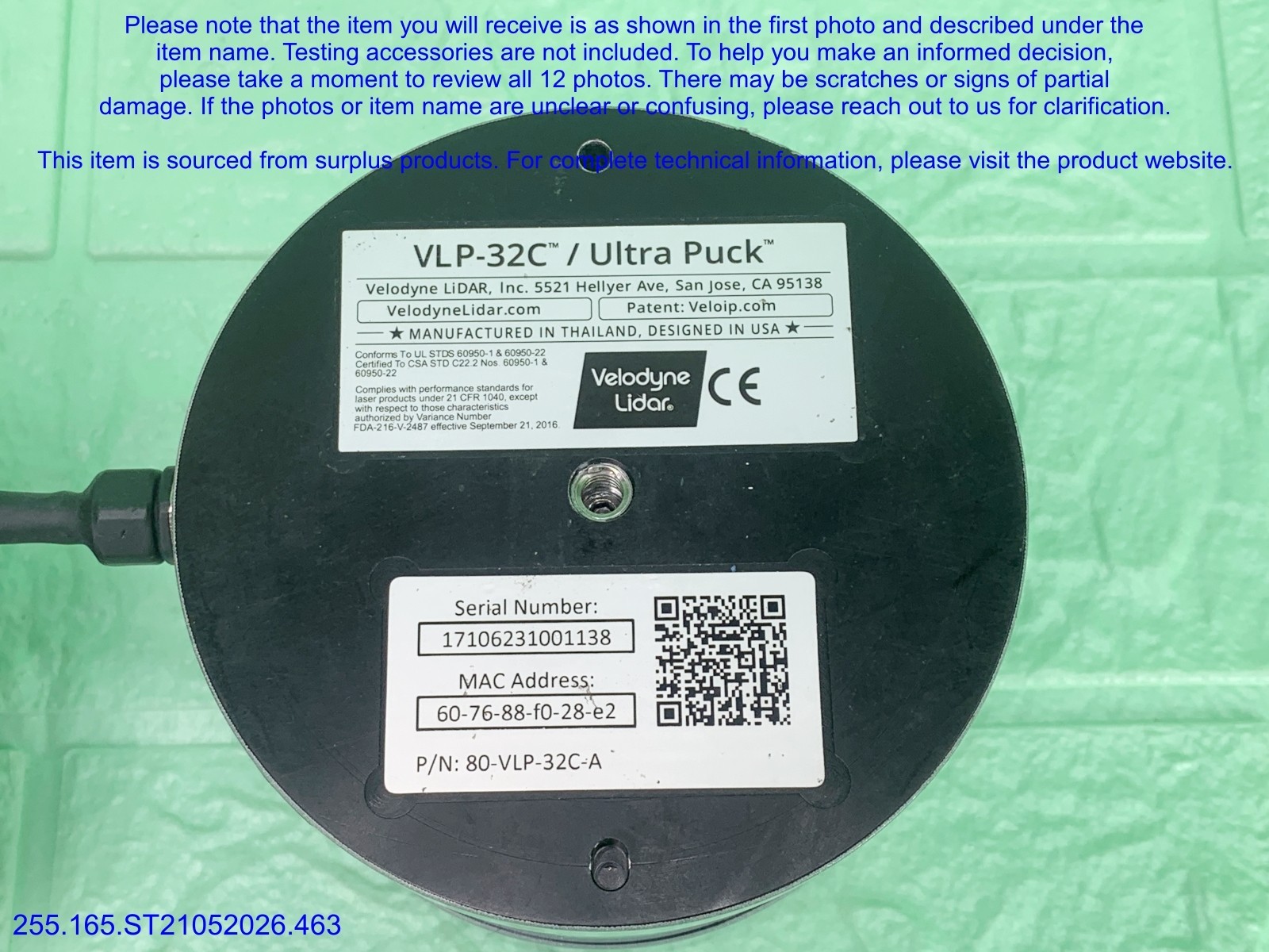 Velodyne VLP-32C Ultra Puck 32CH. LiDAR Sensor as in photos, sn:1138, DHL