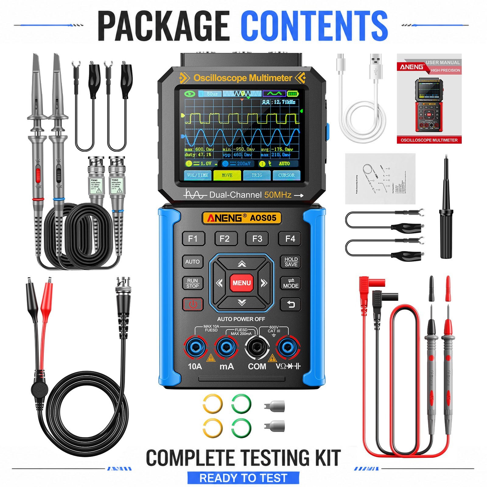 3 IN 1 Digital Handheld Oscilloscope Multimeter Signal Generator 50MHz 200MSa/s