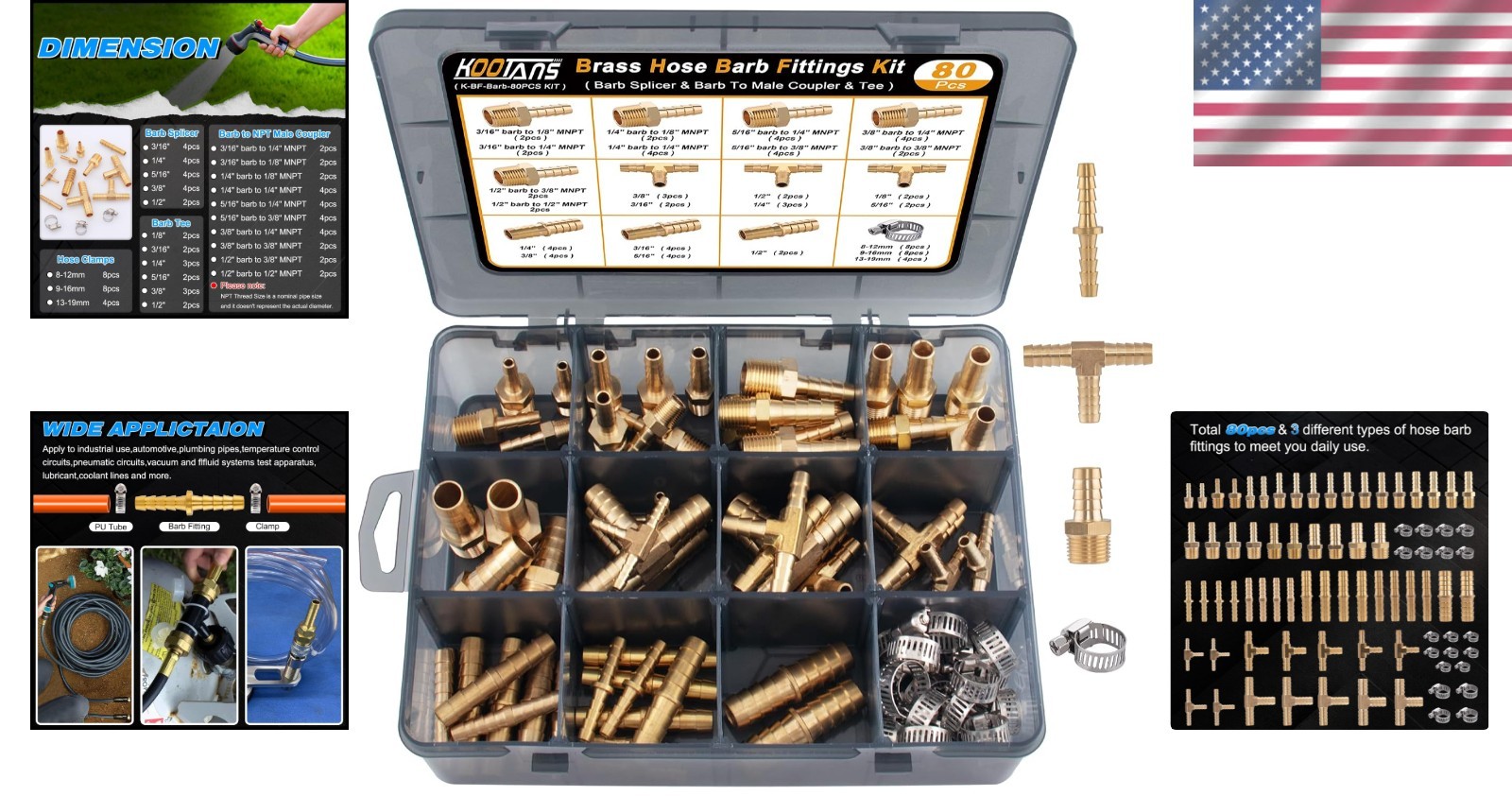 80pcs Brass Hose Barb Fittings Kit 1/8″-1/2″