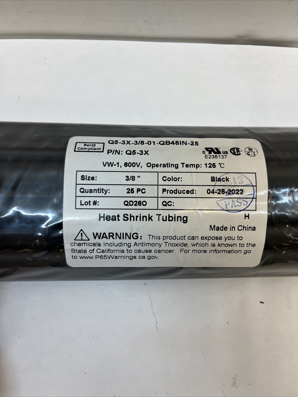 Q5-3X-3/8-01-QB48IN-25, 3/8″ x 48″ Heat Shrink Tubing, 600V, 25 Pack