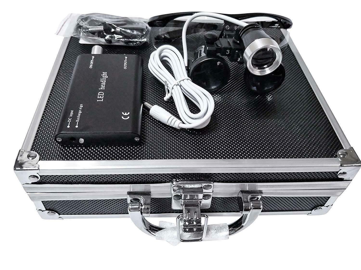 Dental 3.5X Binocular Loupes + 3W LED Head Light + Aluminum Box Black US STOCK