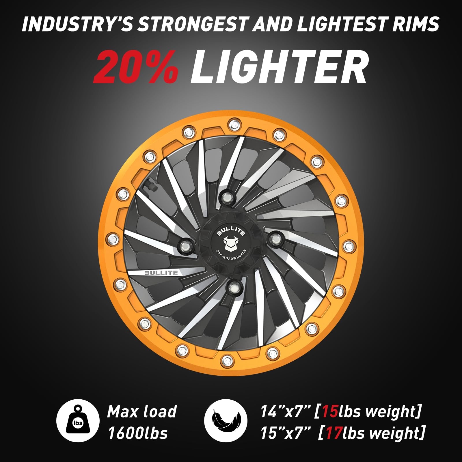15×7 UTV ATV Wheel Satin Black Orange Beadlock 4×156 5+2 Polaris RZR 1000 XP