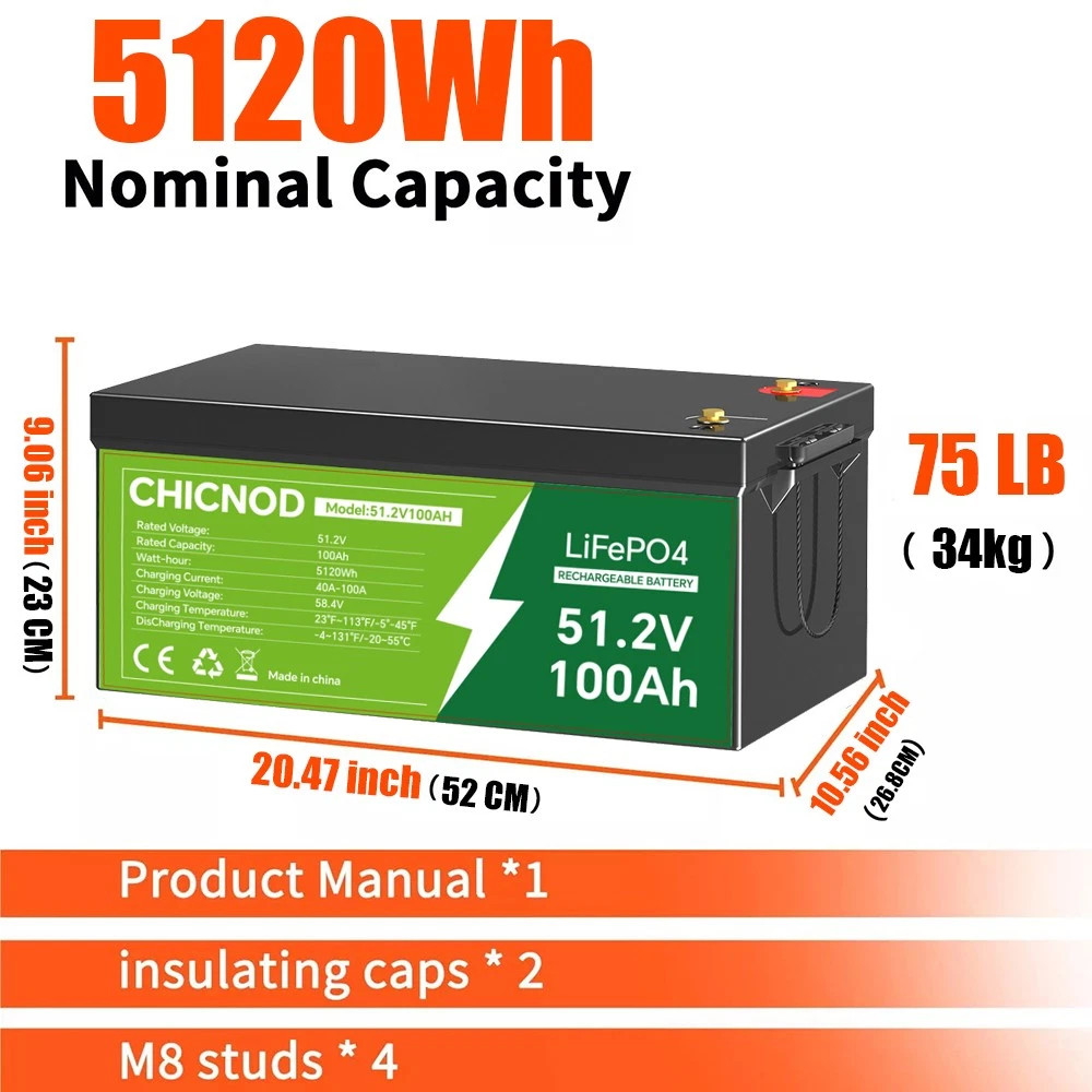 CHICNOD 48V 50Ah LiFePO4 Lithium Battery Built-in BMS Deep Cycles for Golf Carts