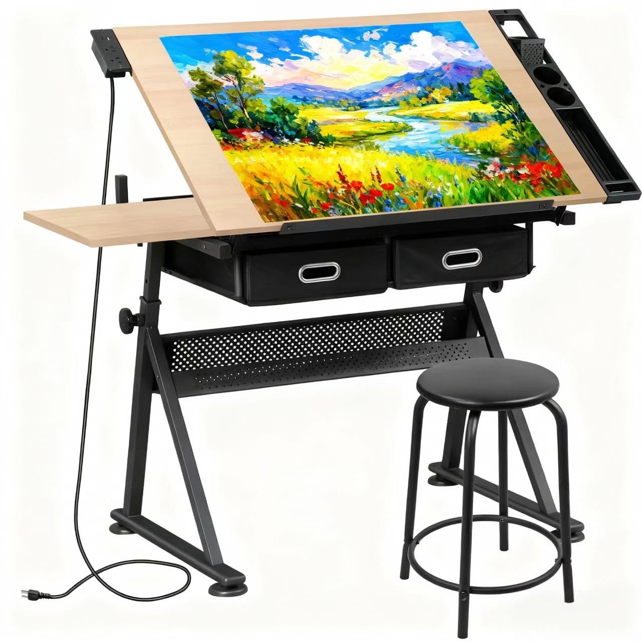 Adjustable Drafting Table with Stool Tilting Drawing Desk Storage Drawers
