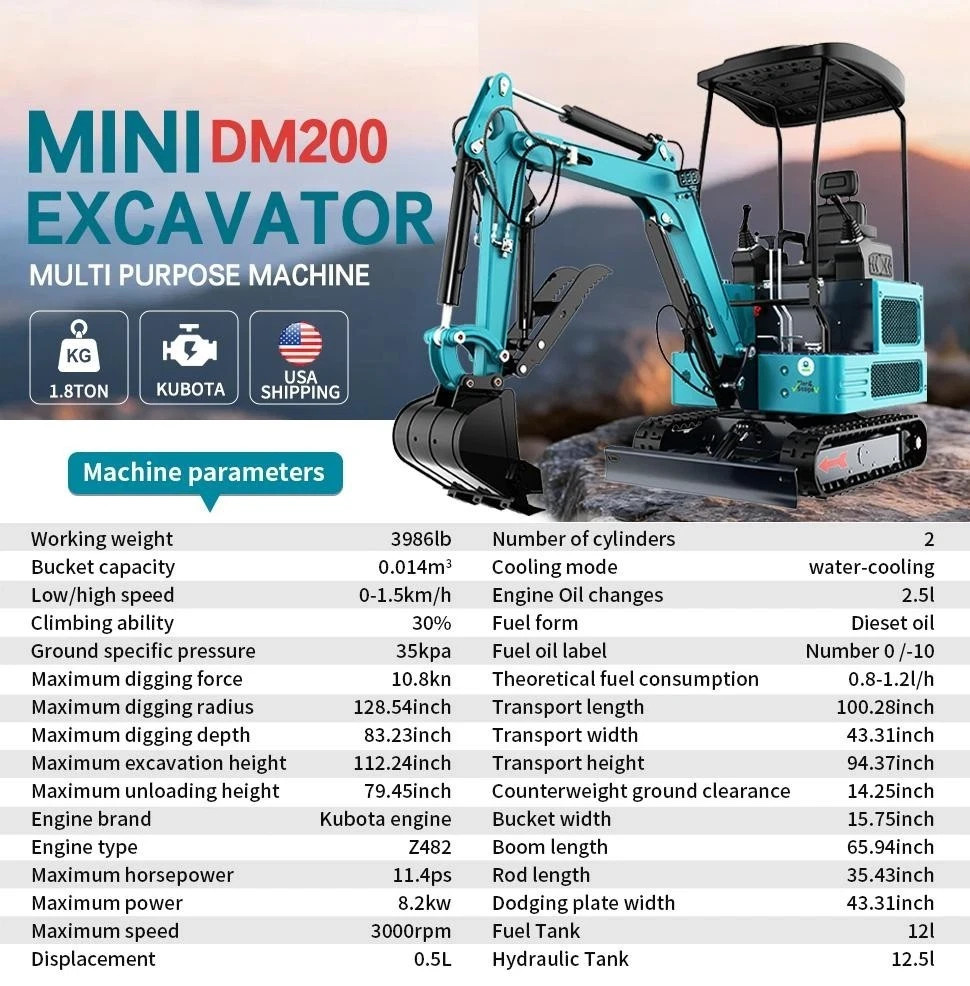 Mini Excavator 1.8 Ton Digger 4000Ibs Diesel EPA Crawler KUBOTA Engine USA Stock