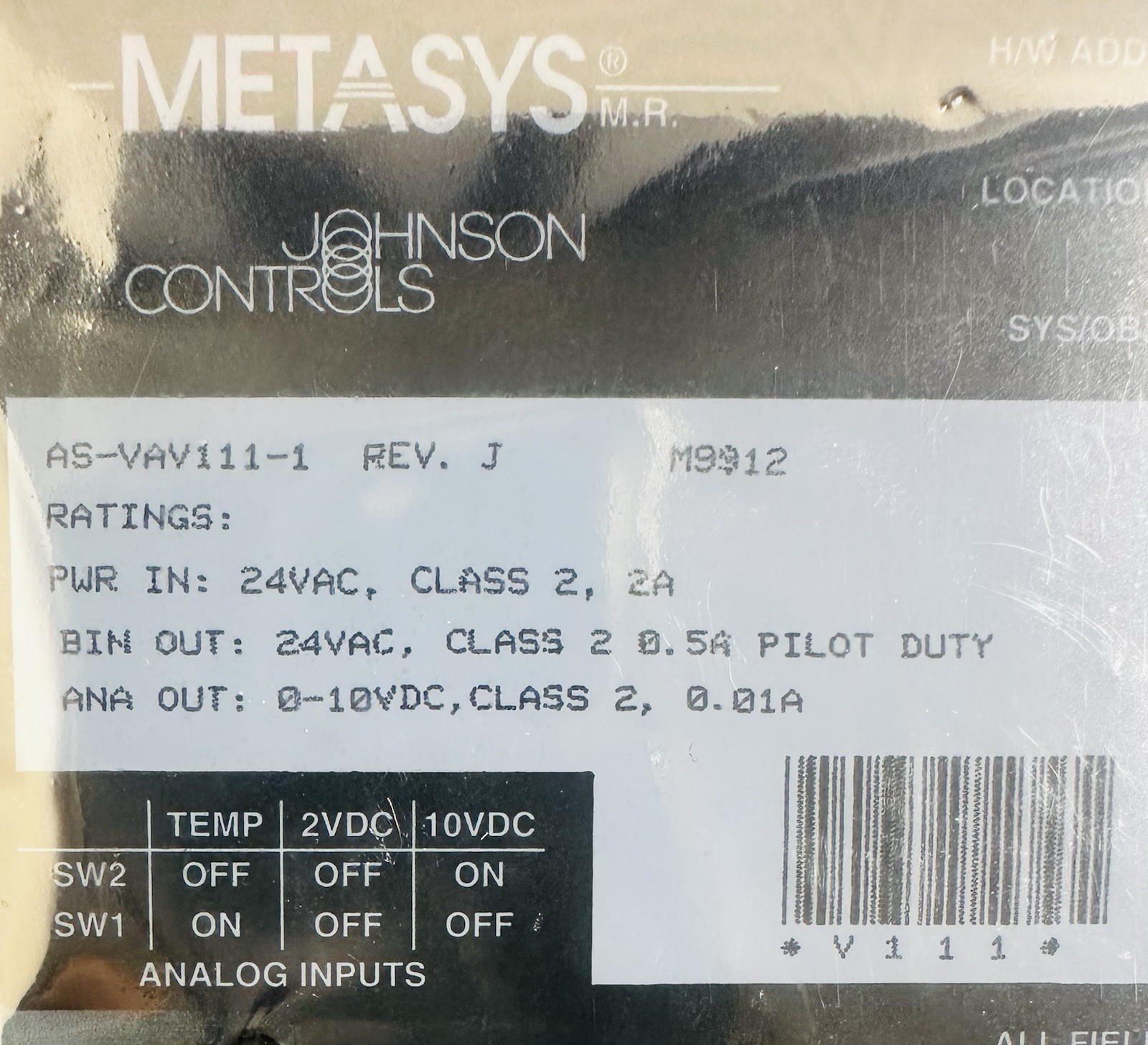 Johnson Controls ( AS-VAV111-1 ) Metasys Variable Air Volume Controller ( New )