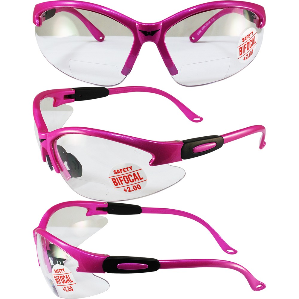Global Vision Cougar Safety Glasses Hot Pink Frame 2.0 Bifocal Clear Lens