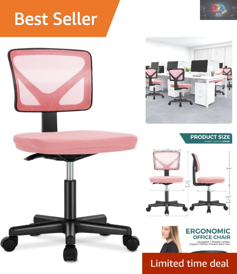 Ergonomic Hot Pink Armless Office Chair – Adjustable & Rolling for Small Spaces