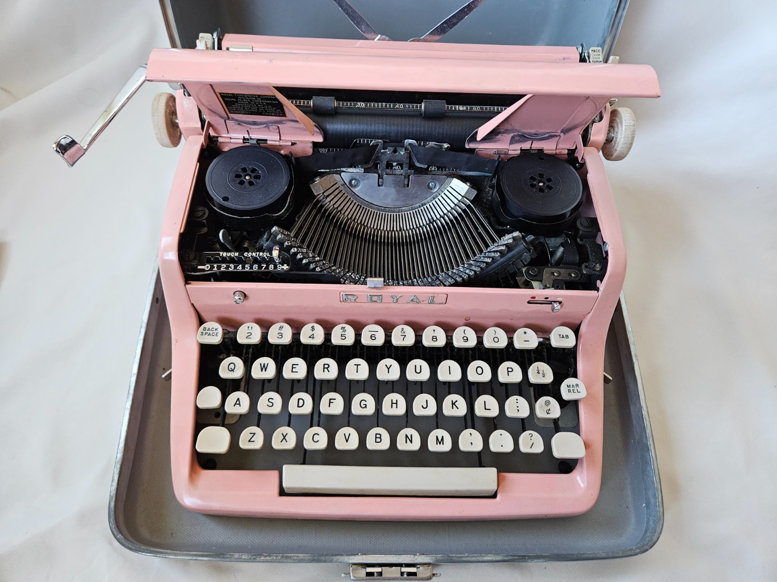 Authenic 1950s Bubble Gum Pink Royal Quiet DeLuxe Typewriter with Carrying Case