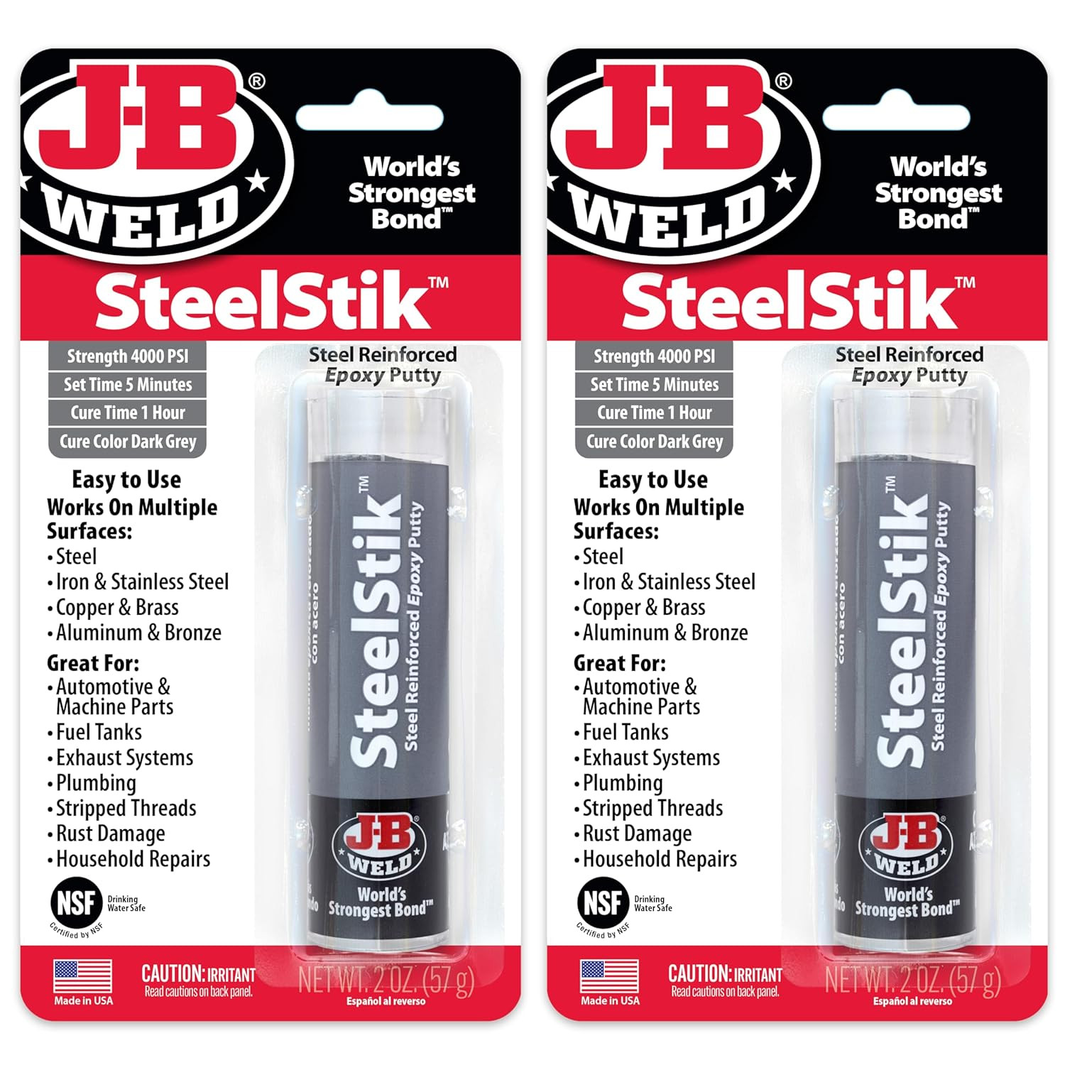 Steelstik, 1 Hour Cure, Steel Reinforced Epoxy Putty Stick – 2 Pack, Dark Grey (