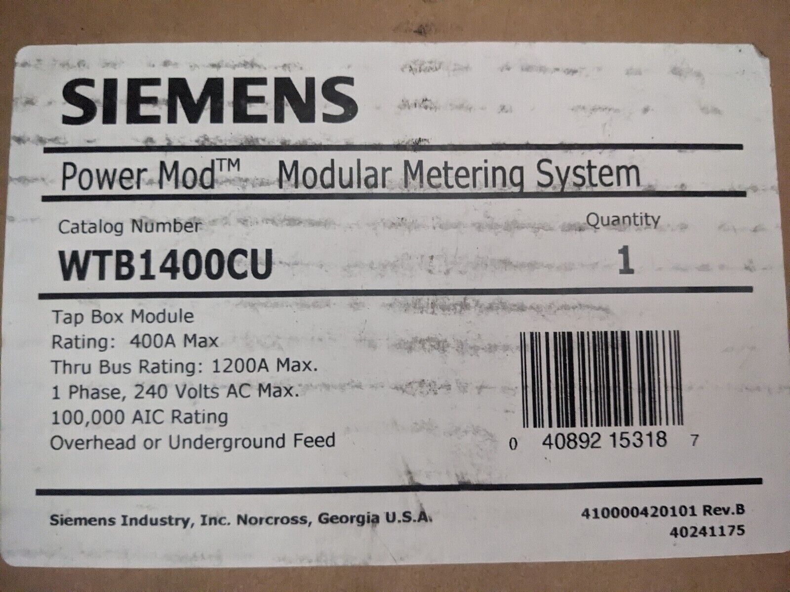 Siemens 400A Single Phase Tap Box WTB1400CU Power Mod 120/240V