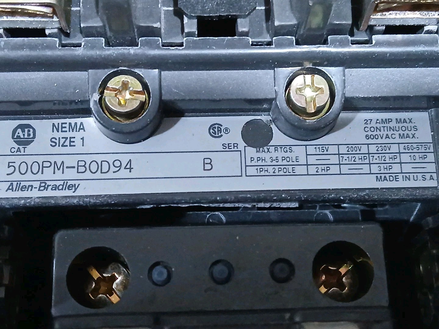 ALLEN BRADLEY ROCKWELL AUTOMATION BULLETIN 500PM CONTACTOR 500PM-BOD94 SERIES B
