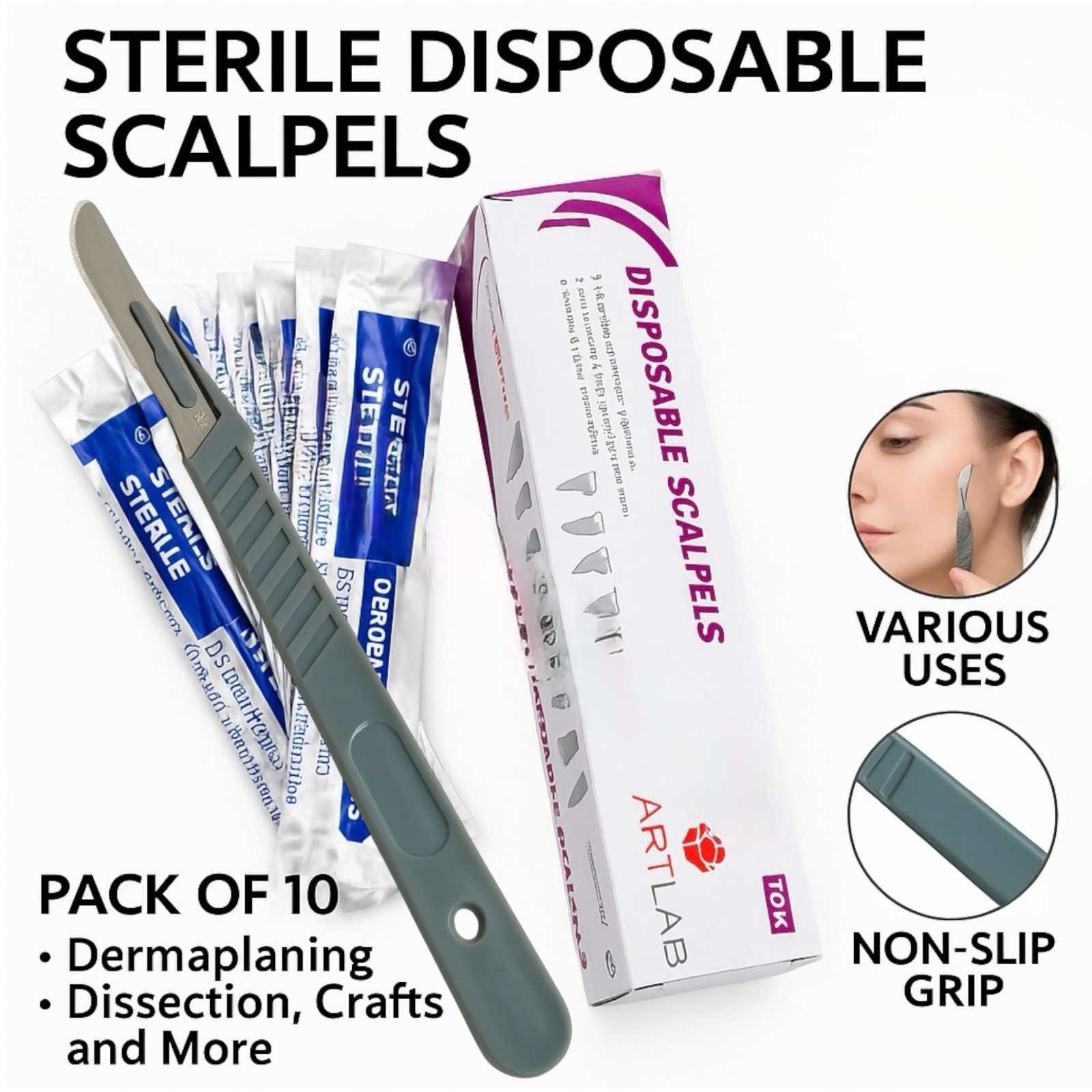 10 PCS STERILE DISPOSABLE SCALPELS #10-SINGLE USE-DENTAL, SURGICAL, DERMAPLANING