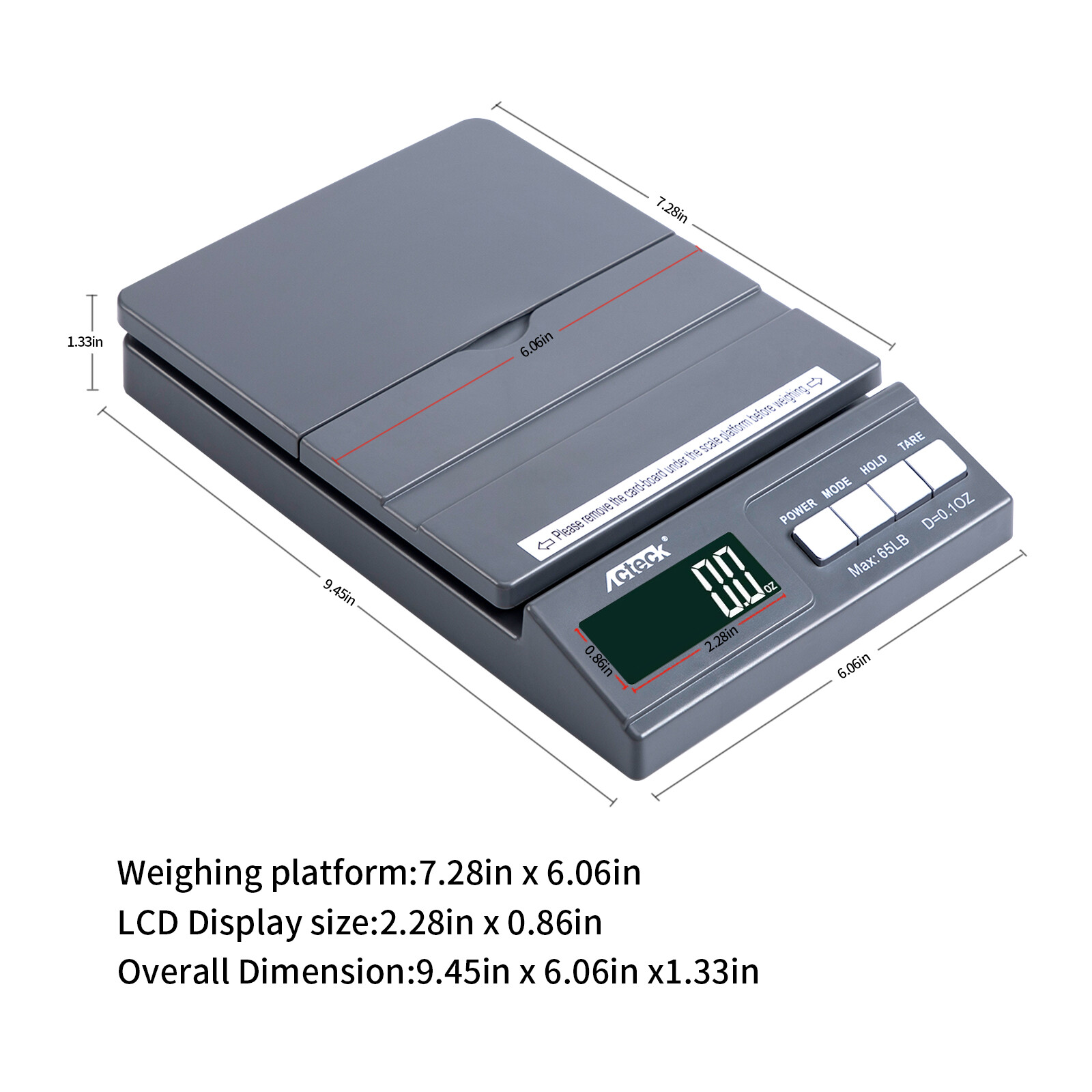 Acteck A-CE65 Gray 65lb x 0.1OZ Digital Shipping Postal Scale W/AC & Battery