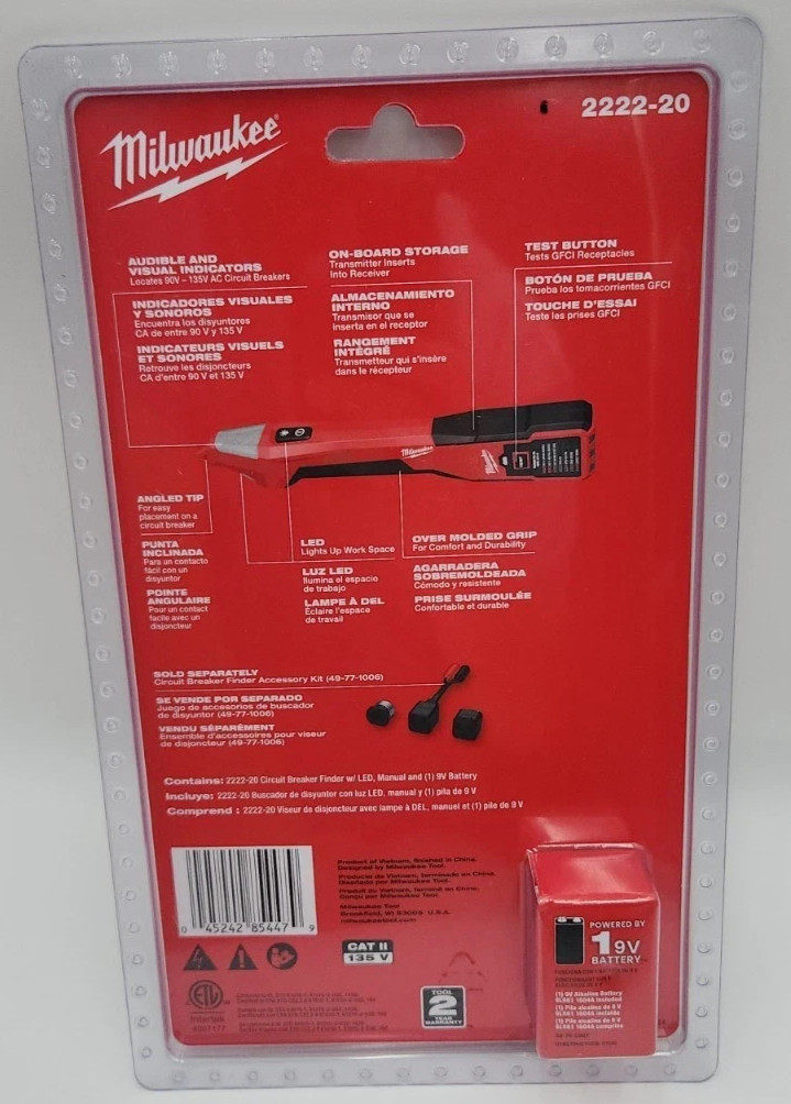 New Milwaukee 2222-20 9V Battery Circuit Breaker Finder w/ LED Electrical Tool