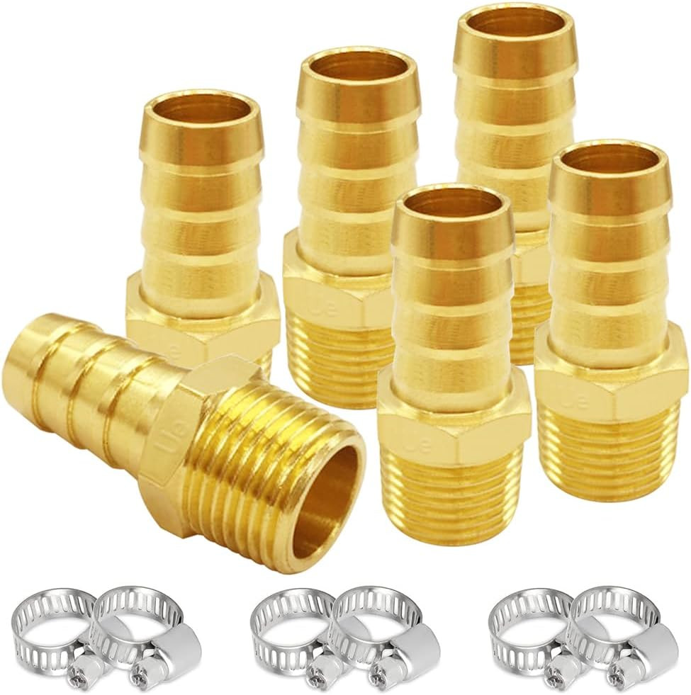 6PCS Brass Hose Barb Fittings 3/8″ NPT Male to 1/2″ Barb Adapter Connector Inclu