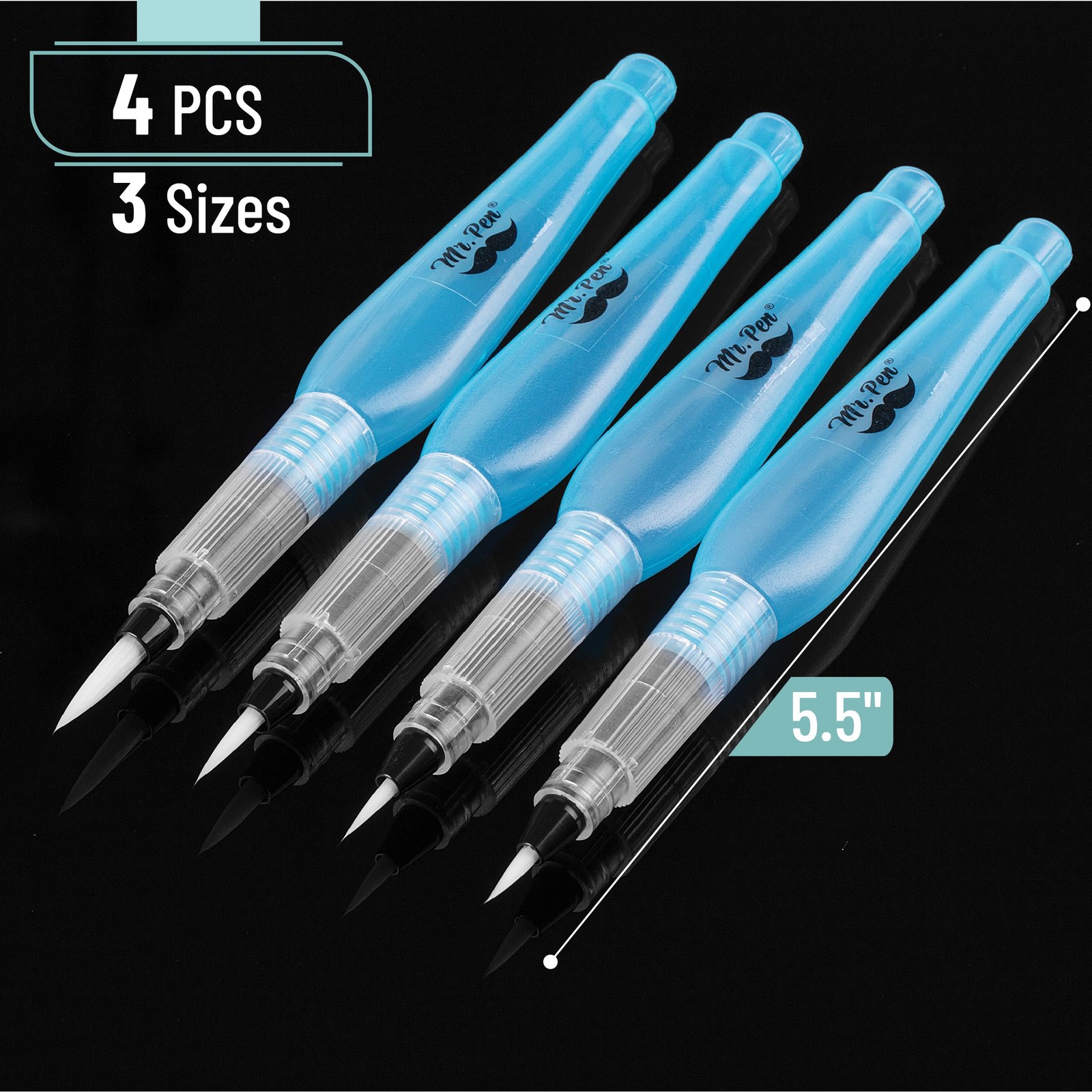 Mr. Pen- Watercolor Brush Pens, 4 pcs, 4 x Point Tips, Blue Set, Medium,