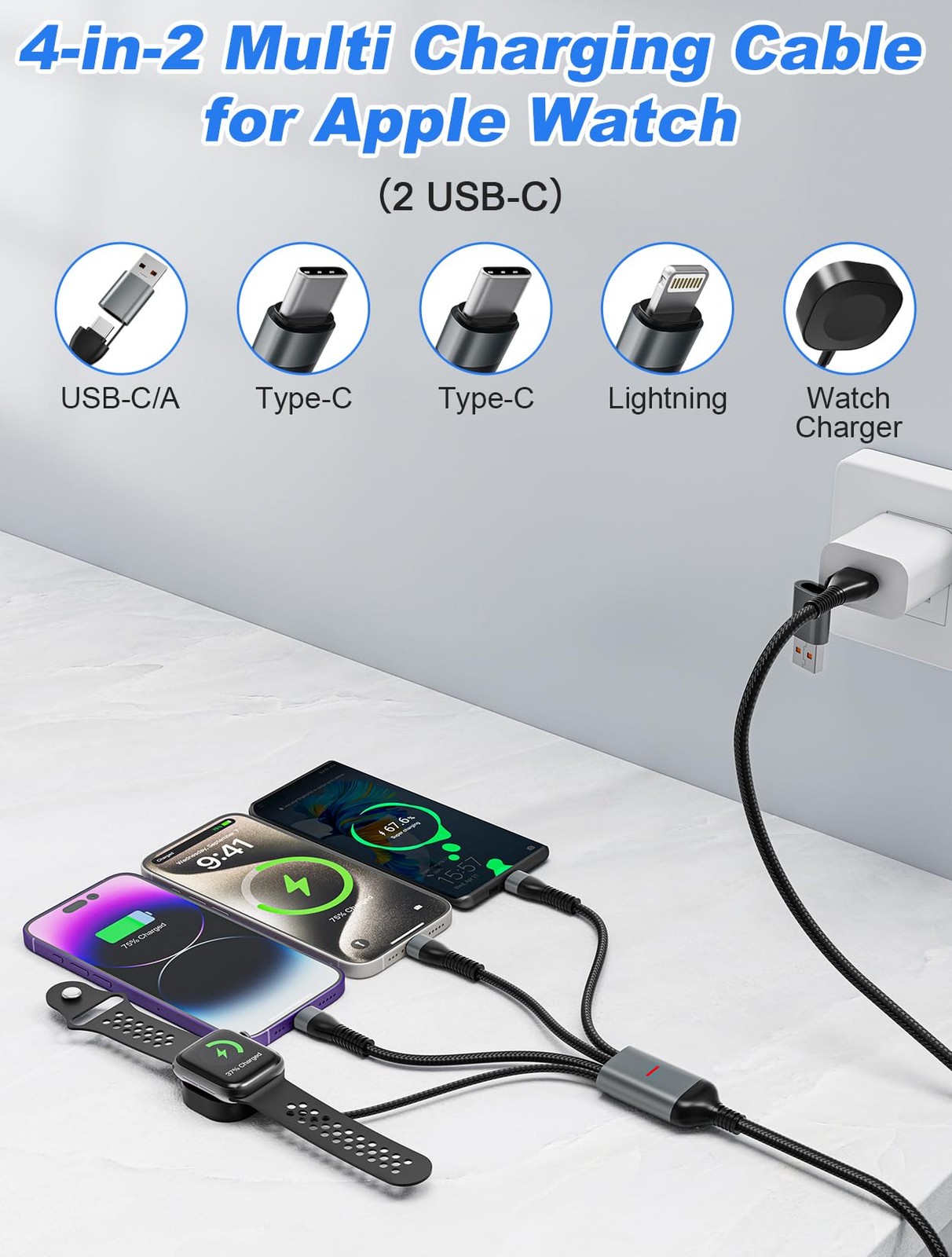 100W 2 USB C Multi Charging Cable for Apple Watch – 10ft USB C Fast Charging …