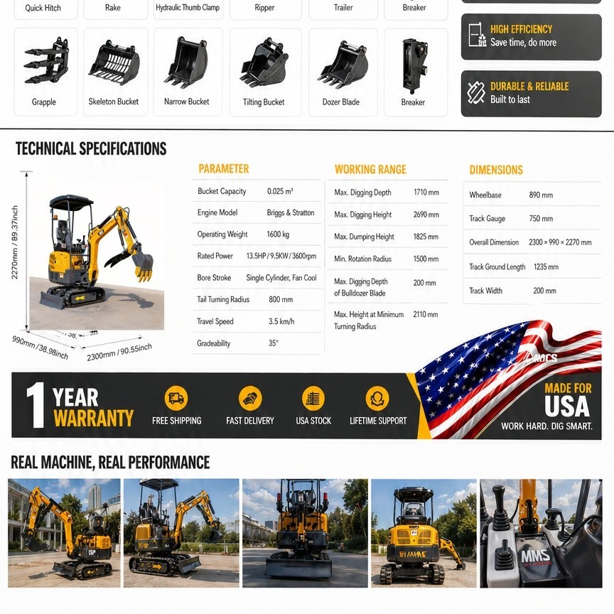 FREE SHIP 1.6Ton 2Ton Mini Excavator EPA B&S Engine Tracked Crawler Digger