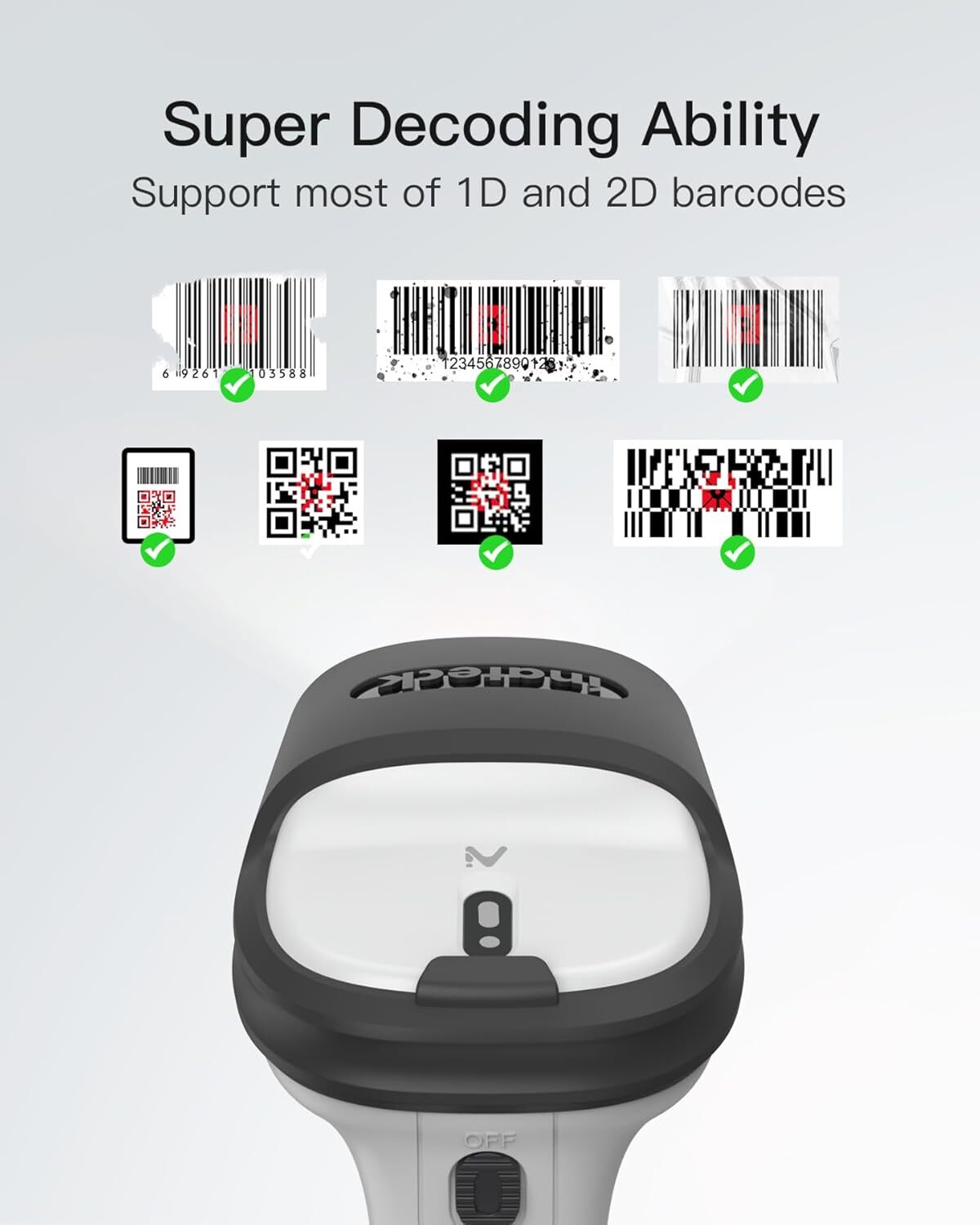 Inateck 2D Barcode Scanner Wireless Bluetooth QR Code Scanner W/ AI APP & SDK