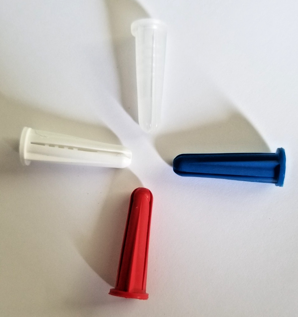 Conical Plastic Anchors 1/4″ #10-#12 x 1″ Blue, Red, White or Clear, Made in USA