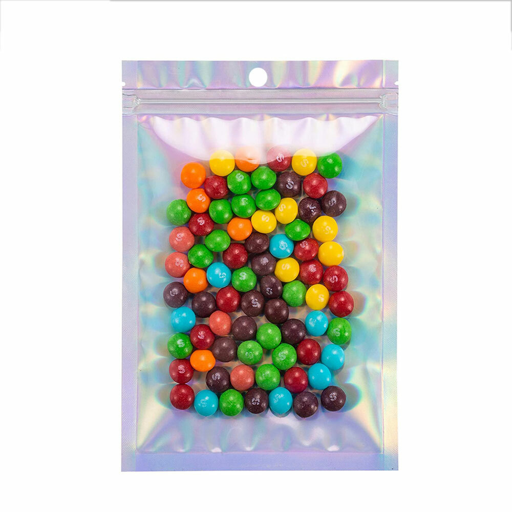 Multi Size Clear Front Holographic Silver Back Glossy Foil Mylar Zip Lock Bag