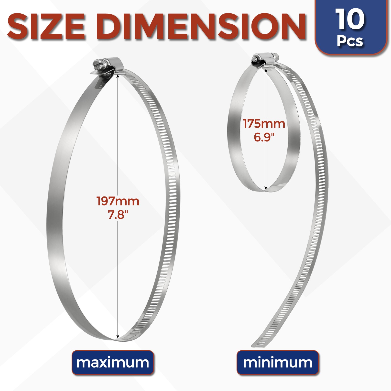 10Pcs Stainless Steel Hose Clamps, Adjustable 6.9″ to 7.8″ (175-197mm)