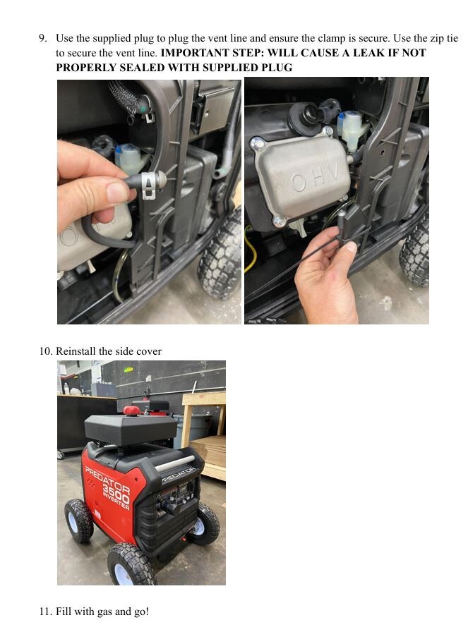 Predator Generator gas tank Extended run time kit auxiliary fuel tank 3500