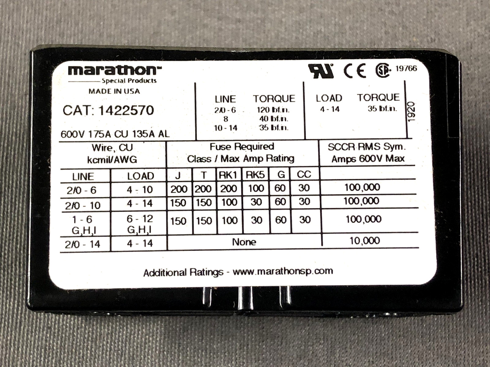 Marathon 1422570 Power Distribution Block 2 Pole 175A 600V AC/DC – Qty. 1