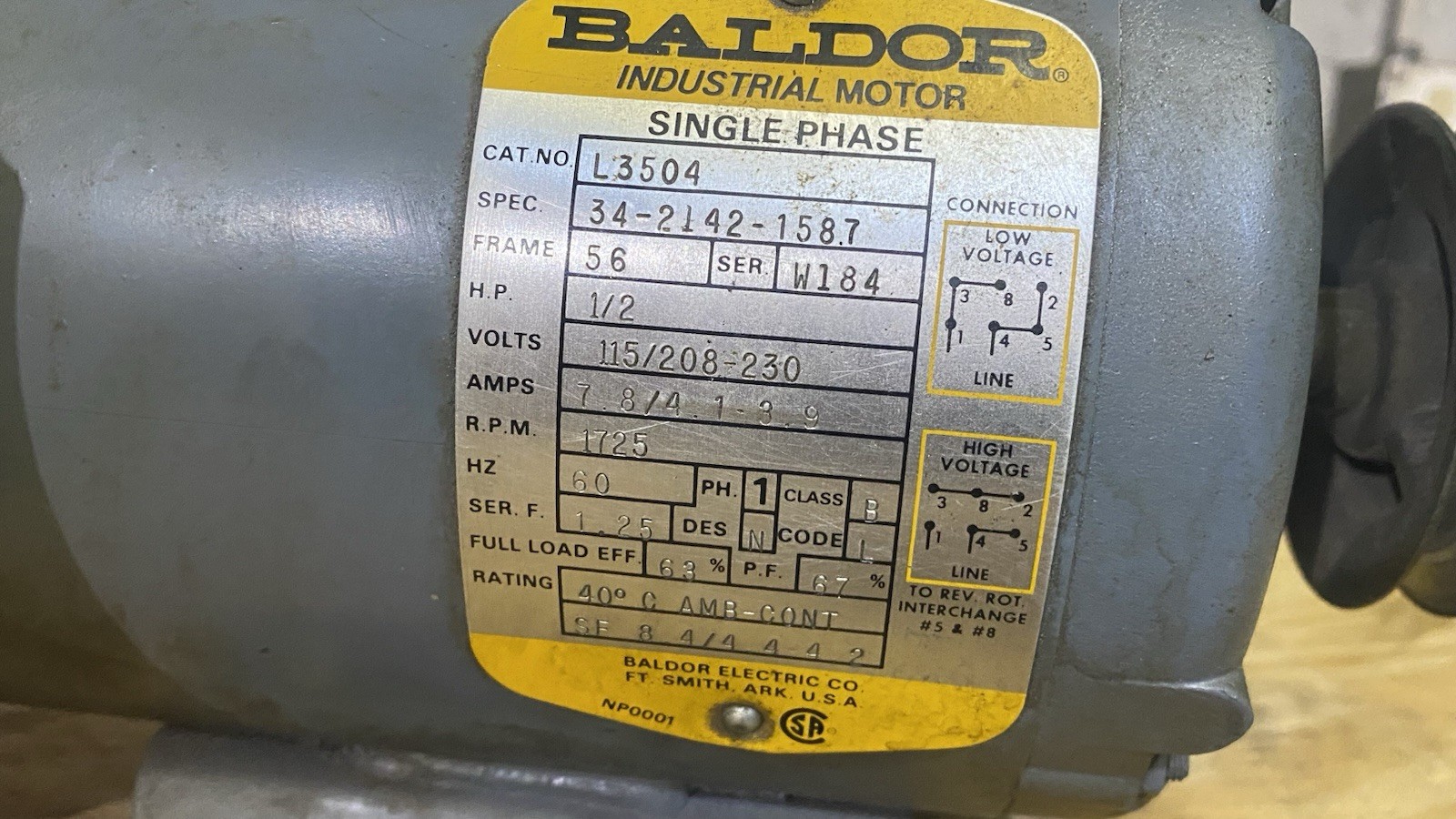 Baldor Electric L3504 1/2 HP 1725 RPM General Purpose Motor, Lathe Mill Shaper