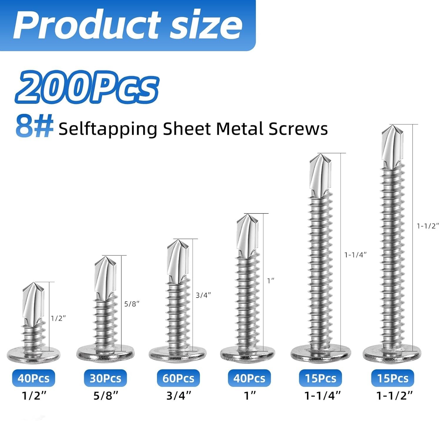 200PCS Sheet Metal Self-Drilling Screws Assortment Kit – #8 Truss Head Stainless