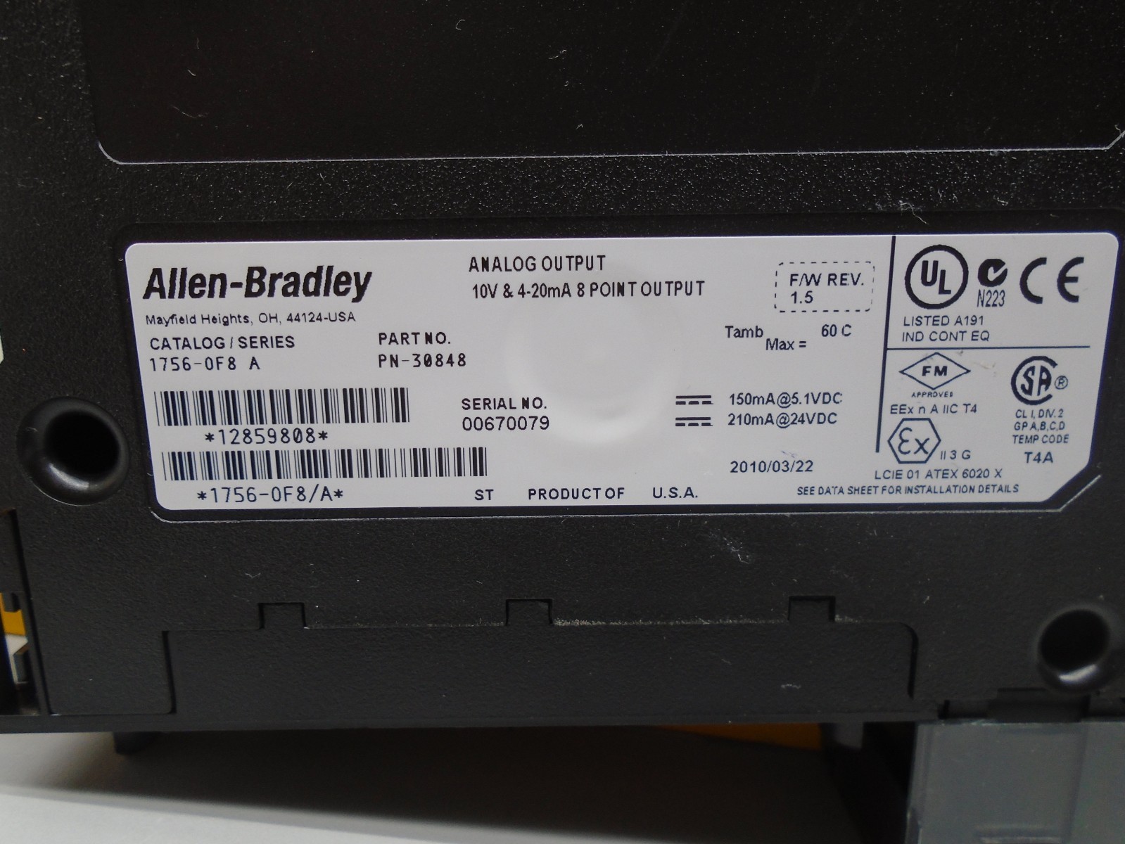 Allen Bradley 1756-OF8 ControlLogix Analog Output PN-30848 1756-0F8 163F
