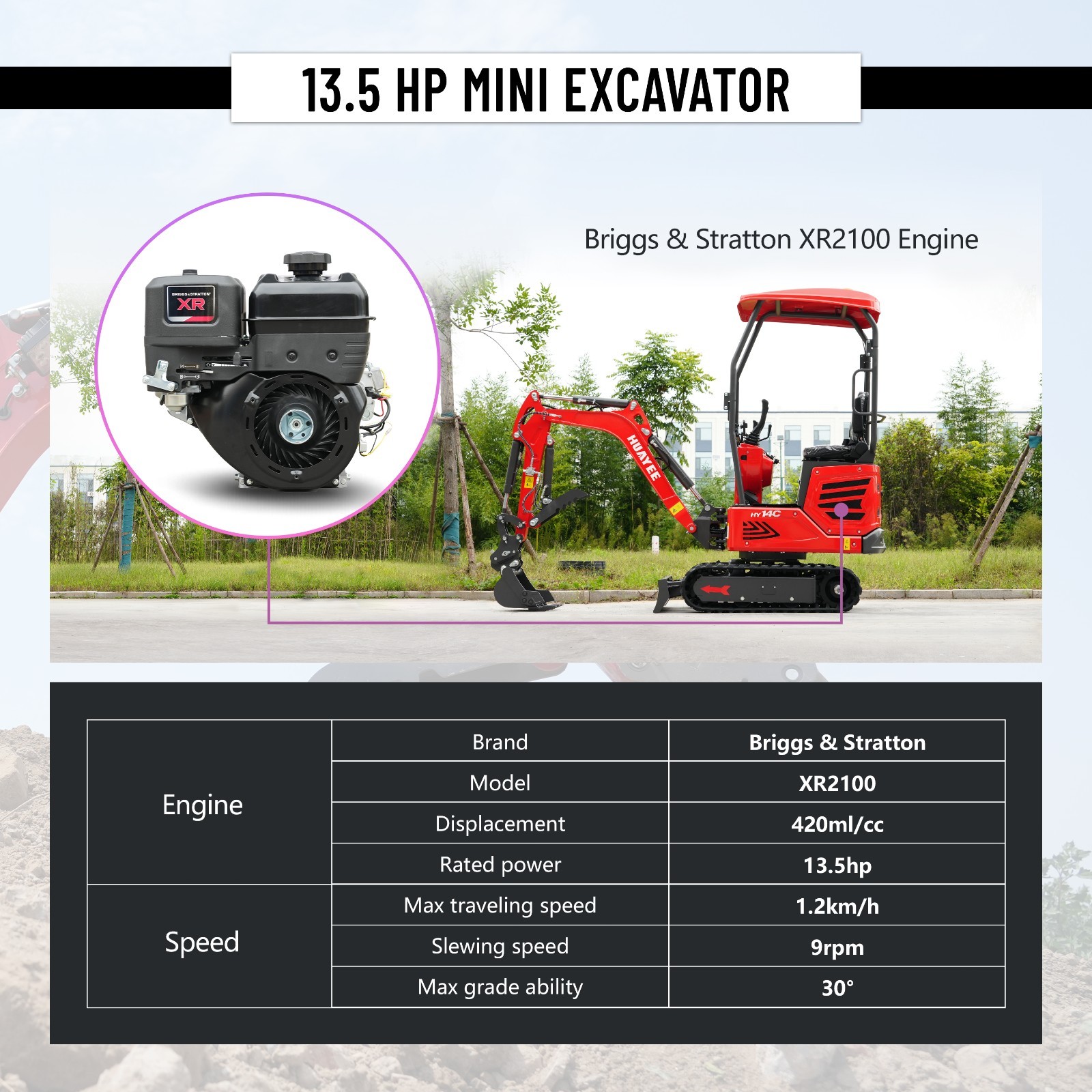 HUAYEE Mini Excavator 1.4Ton Digger 13.5HP Gas Engine EPA Hydraulic Thumb Clip