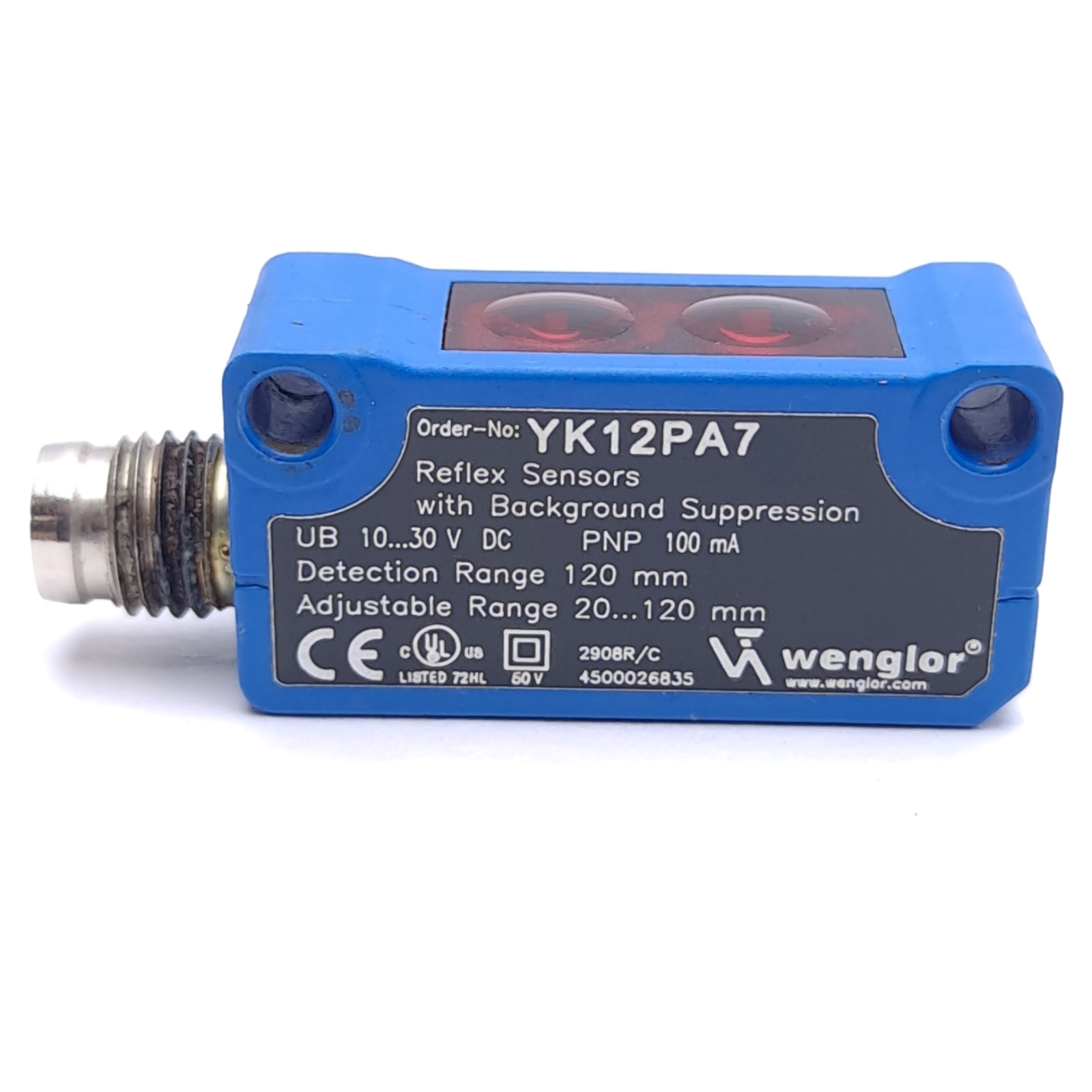 Wenglor YK12PA7 Reflex Sensor, 120mm Range, 10-30VDC Supply, M8 4-Pin Male