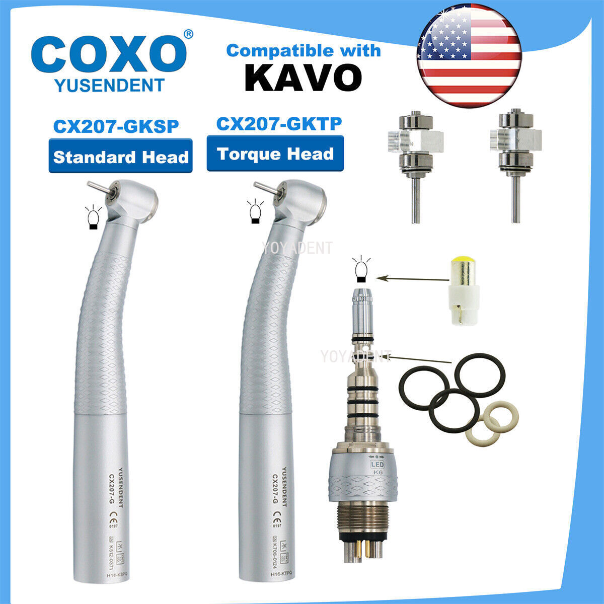 COXO Dental Turbine Fiber Optic High Speed Handpiece LED Coupler 6 Pin Fit KAVO
