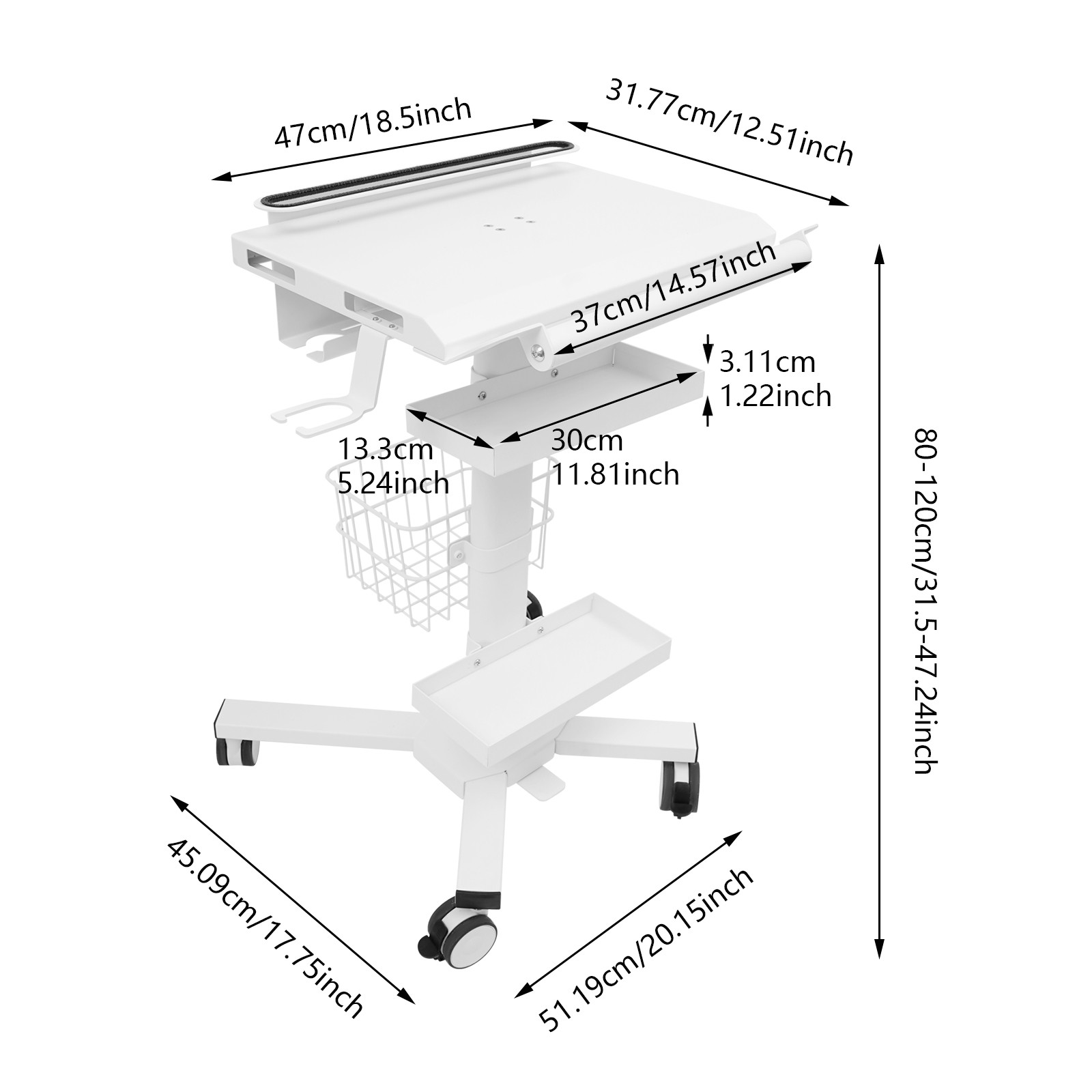 Laptop Workstation Cart, Medical Cart With Wheels, Cart With Scanner Holder