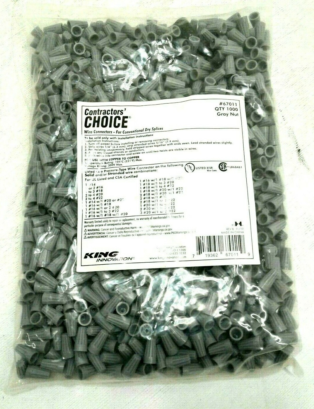 CONTRACTORS CHOICE 67011 STANDARD GRAY WIRE CONNECTORS 1000 COUNT BAG