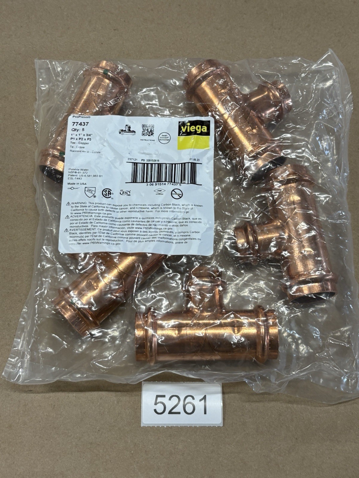 (5 Pack) Viega 77437 ProPress 1″ x 1″ x 3/4″ P1 x P2 xP3 Copper Tee