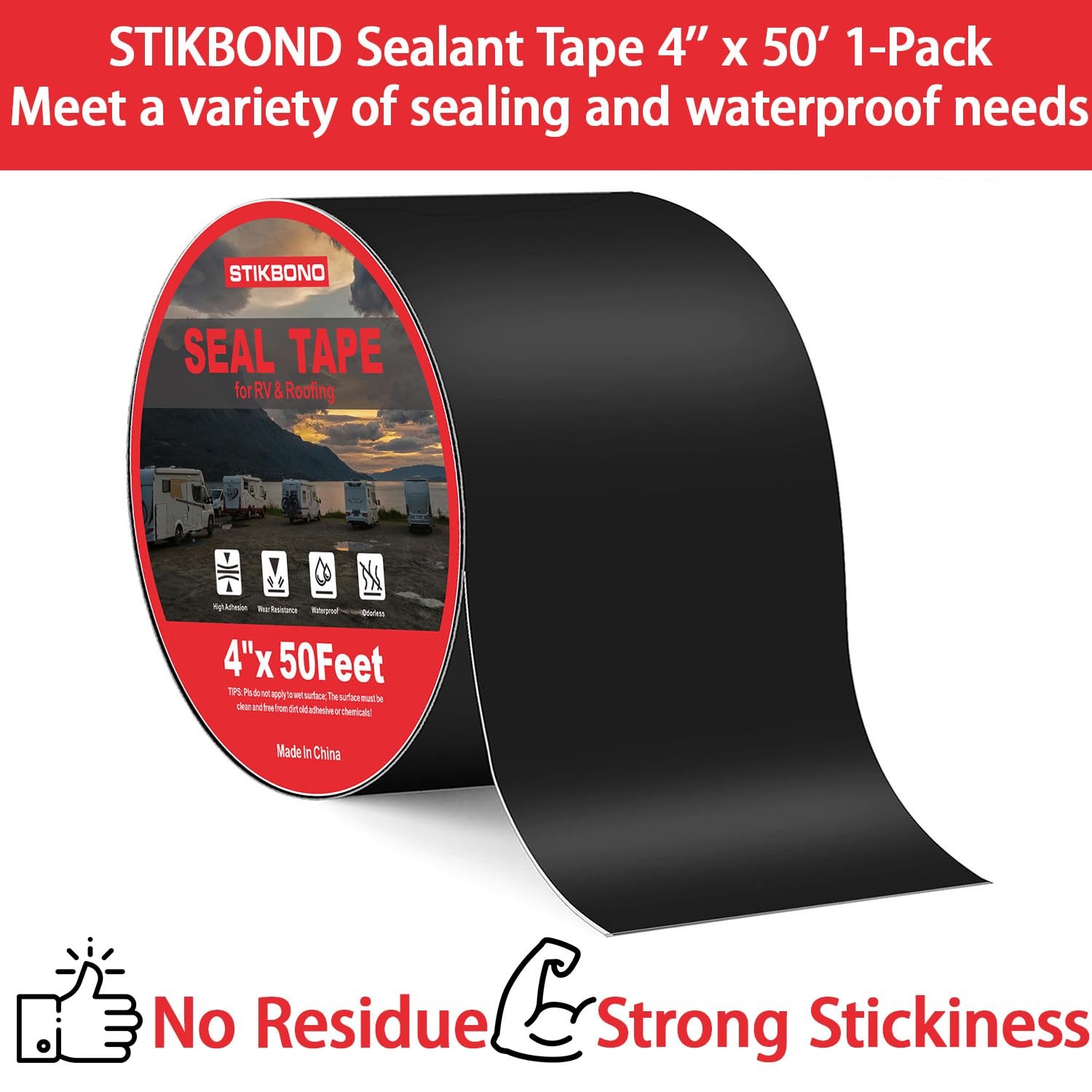 4″ x 50Ft 1-Pack Black RV Sealant Tape,Waterproof Commercial Roof Tape for Wa
