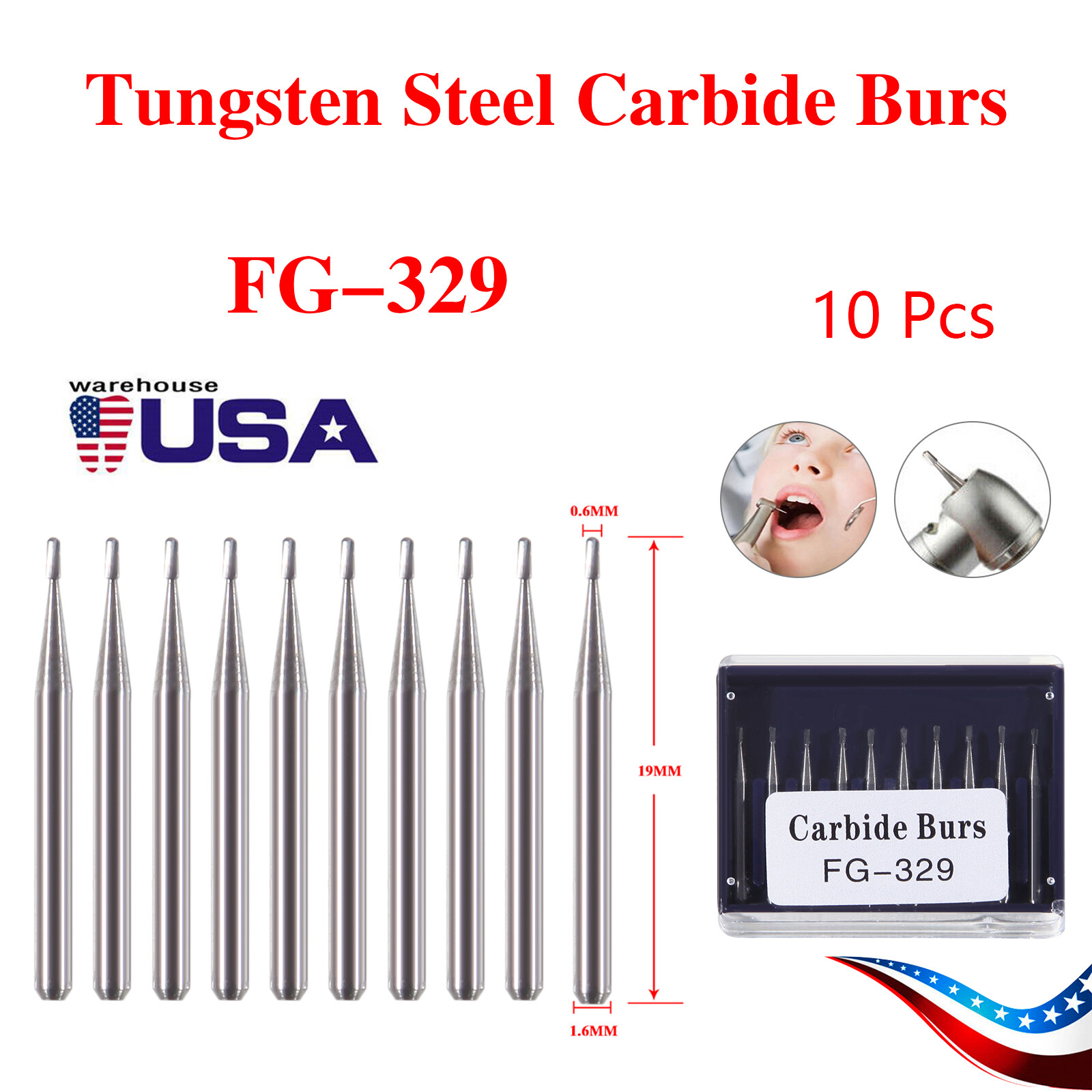 10pcs USA Dental Tungsten Carbide Cutting Burs Pear Shape FG-329 ty