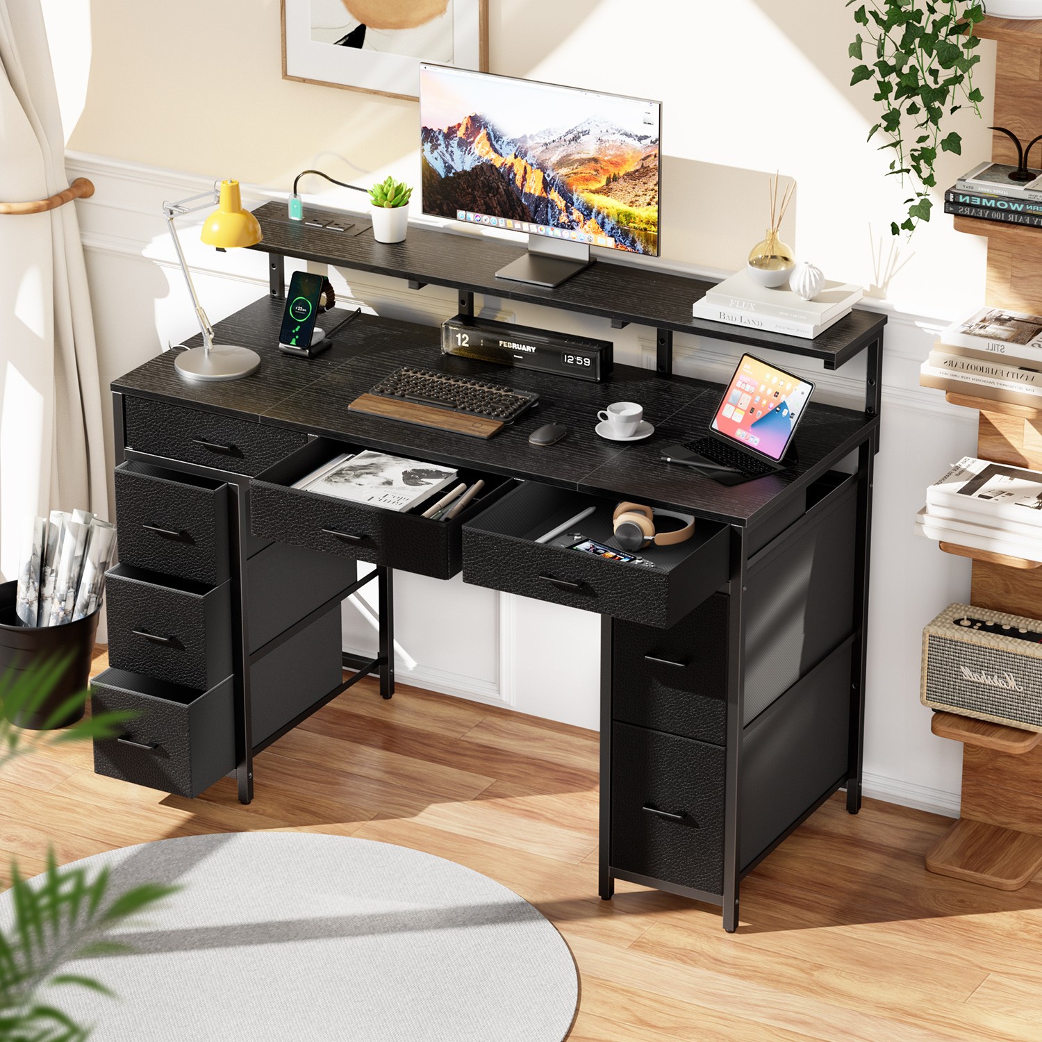 47 inch Computer Desk with 8 Drawers & Power Outlets, Home Office Desk with LED