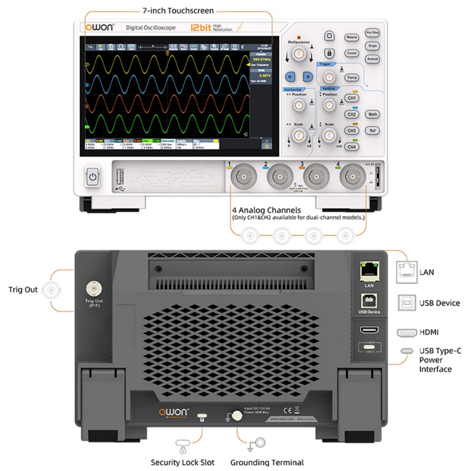 Owon ADS814A 12bits Digital Oscilloscope 100MHz 4CH 1.25GSa/s FFT analysis