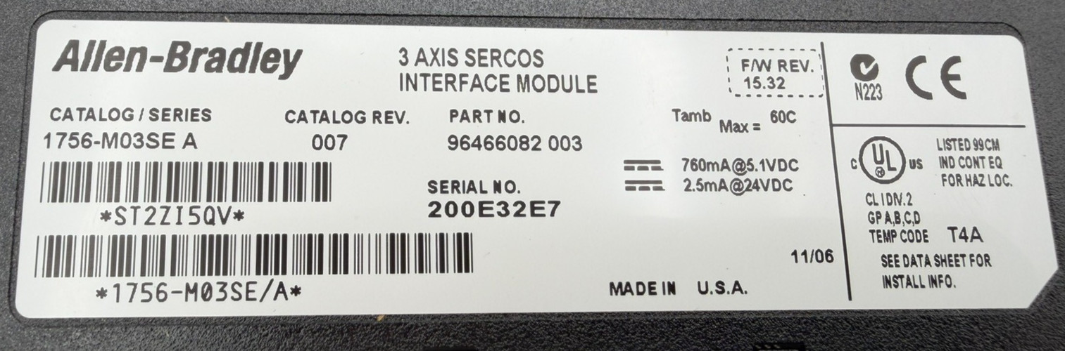 Rockwell Automation Allen Bradley 1756-M03SE 3 Axis SERCOS Interface Module